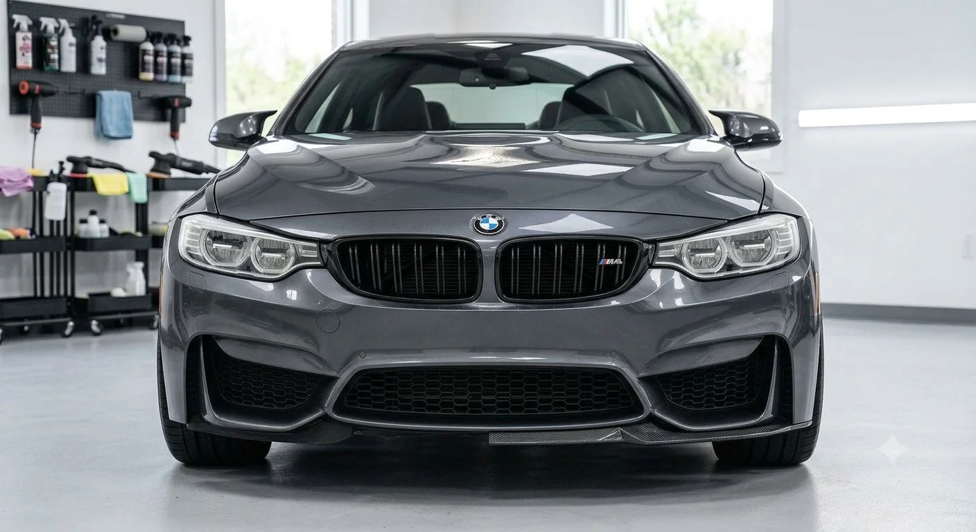 Glossy grey BMW after a full detail